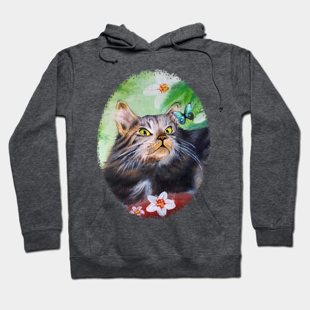 Cat Playful Portrait and Butterfly Hoodie by BluedarkArt